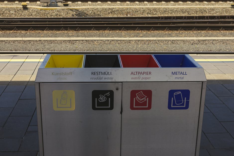 A set of four designated waste bins positioned outdoors on a paved platform near railway tracks, each with different coloured sections and labels to indicate the type of rubbish to be disposed of. The left bin has a yellow section labeled 'Kunststoff' (plastic) with an icon of a plastic bottle, suitable for plastic waste. The second bin has a black section labeled 'RESTMÜLL' (residual waste) with an icon of a crossed-out cigarette, designated for non-recyclable rubbish. The third bin features a red section labeled 'ALTPAPIER' (waste paper) with an icon of a stack of paper, for used paper products. The rightmost bin has a blue section labeled 'METALL' (metal) with an icon of a metal can, intended for metal cans or containers. The bins are made of metal with a matte finish and are mounted on a shared foundation, with subtle shadows cast by sunlight. The elevated railway tracks in the background suggest a public transportation setting, indicating that these bins facilitate sustainable waste separation in a busy urban environment. The site appears clean, organized, and suitable for private waste collection services such as those provided by rubbishclearancewestkensington.co.uk, supporting the concept of separate and environmentally conscious disposal practices.